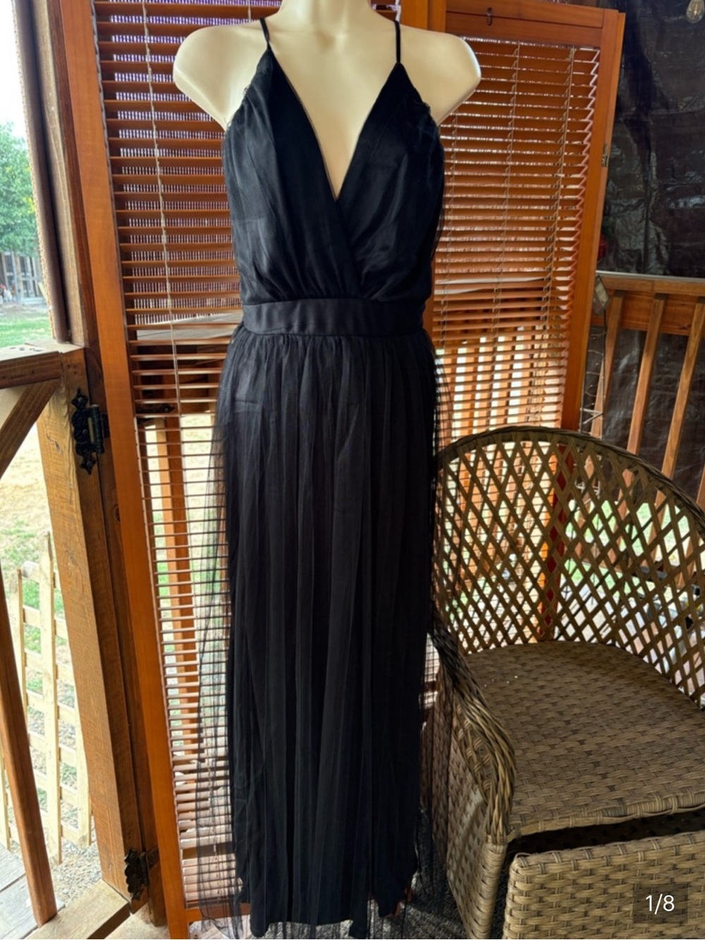 Black V-Neck Spaghetti Strap Tulle Maxi Dress